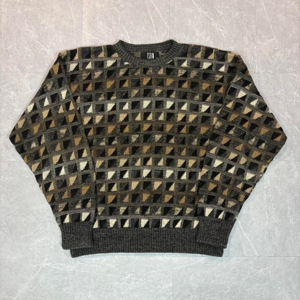 90's Brown and tan geometric patterned wool sweater